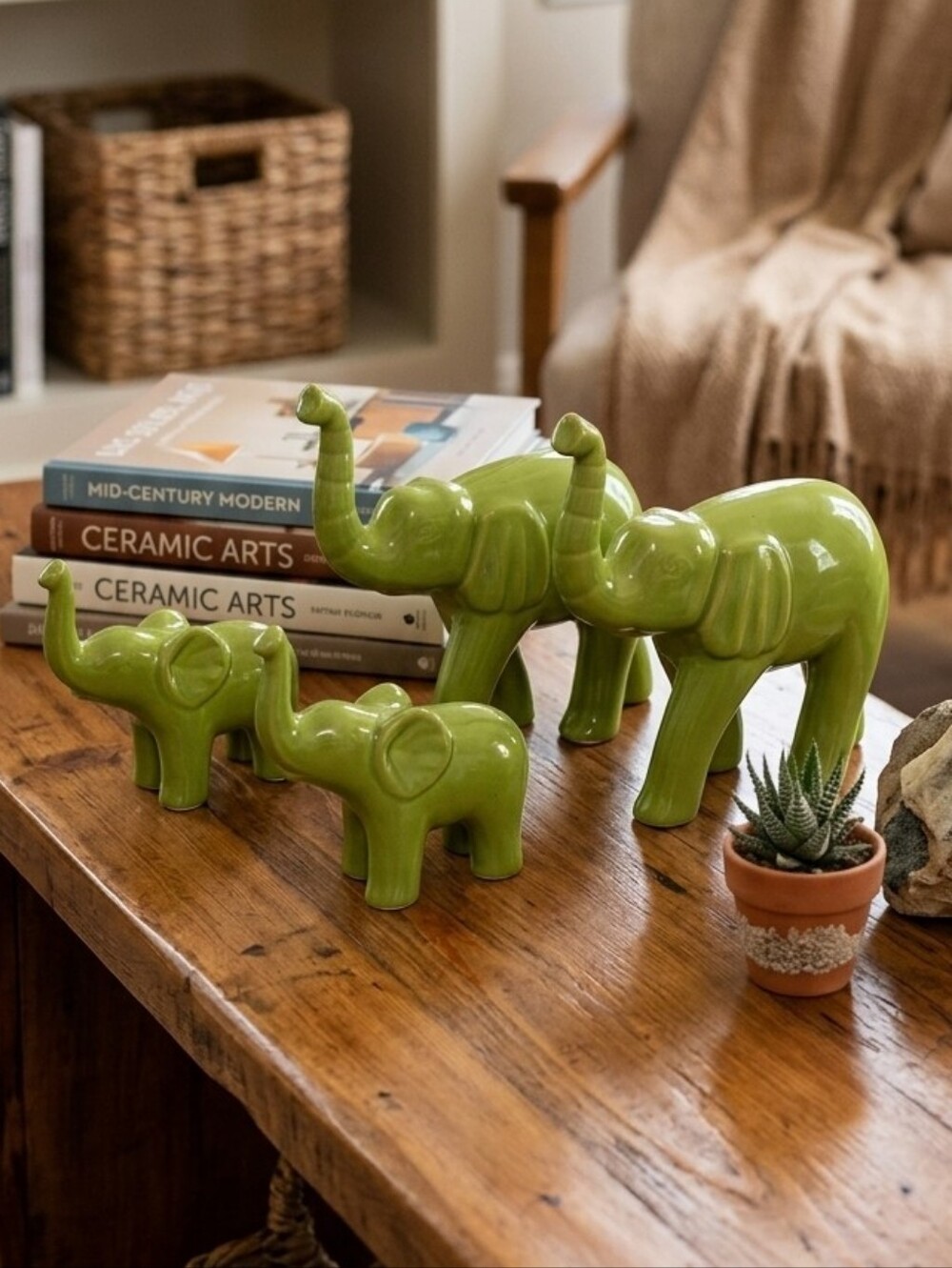 Ceramic Lime Green Elephant Family Figurine Set – 4 Pieces